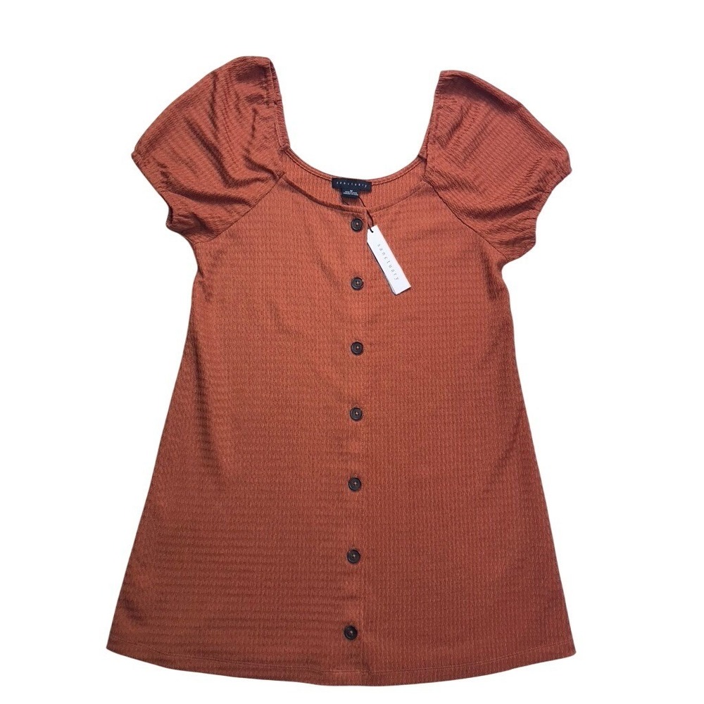 Sanctuary Rust Orange Seersucker Button Front Puff Sleeve Tunic Top CD1697NC1 M
